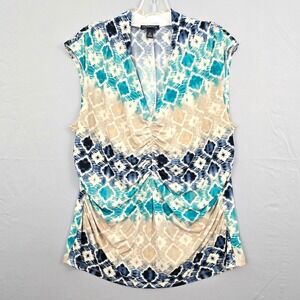I.N. Studio V-Neck Ruch Sleeveless Multicolor Print Top Blue White‎ 1X